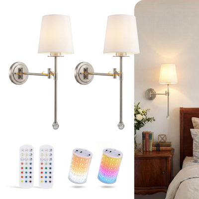 Cloudy Bay brushed nickel swing-arm sconces with linen shades and magnetic RGB bulbs, set of 2