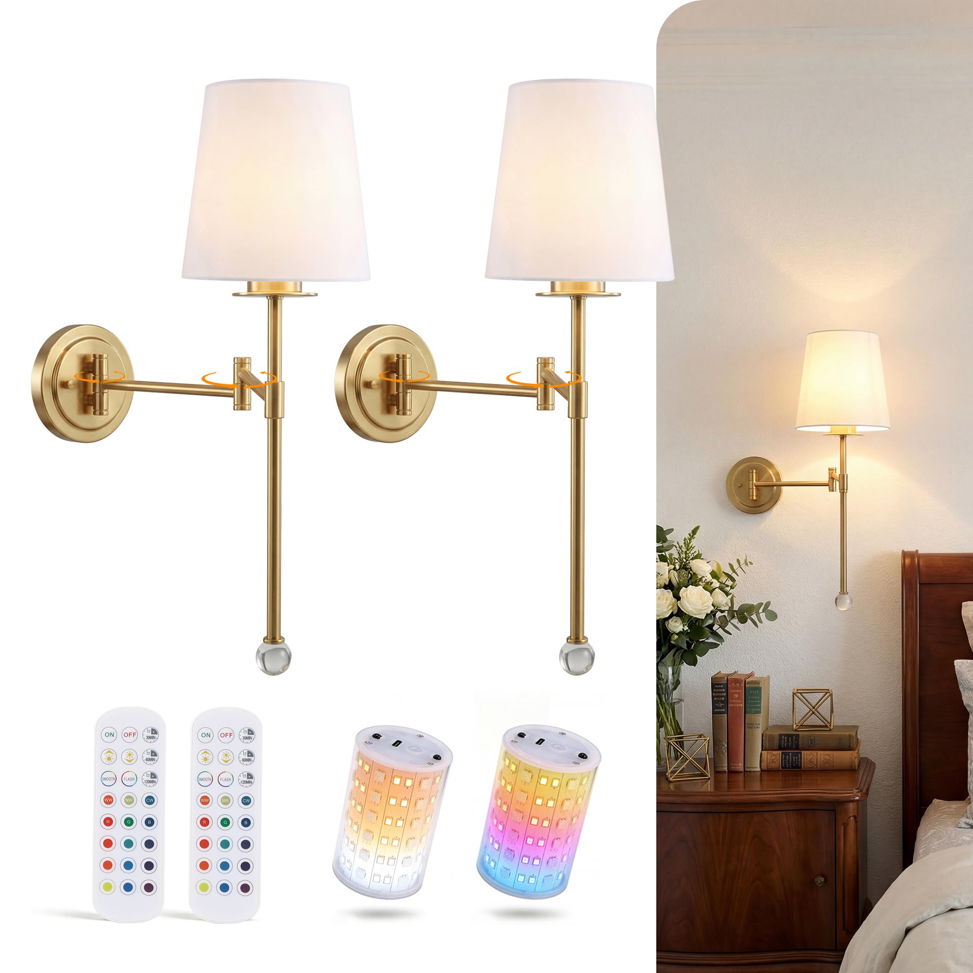 Cloudy Bay soft gold battery operated wall sconces with fabric shades, RGB bulbs and swing arms, set of 2