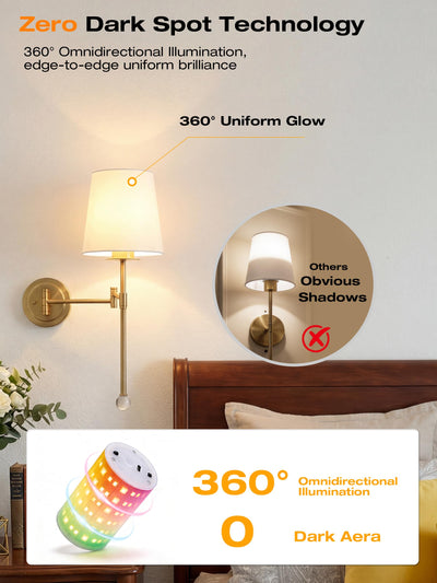 Gold cordless wall sconce with 170° adjustable swing base and 350° swing arm for precise light positioning
