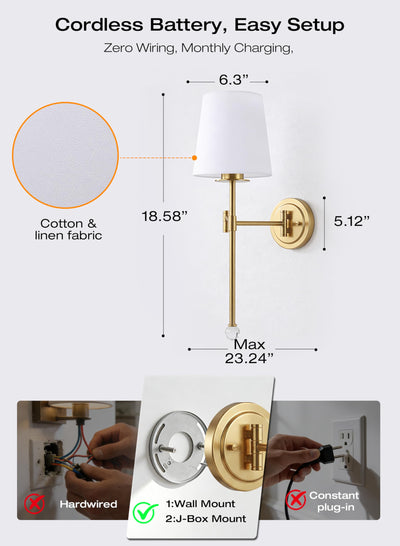 Dimension diagram of the 18.6-inch gold wall sconce with bulb, cable and remote, box contents laid out