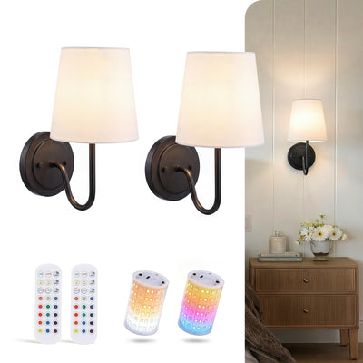 Cloudy Bay matte black battery operated wall sconces with compact linen shades and magnetic RGB bulbs, set of 2