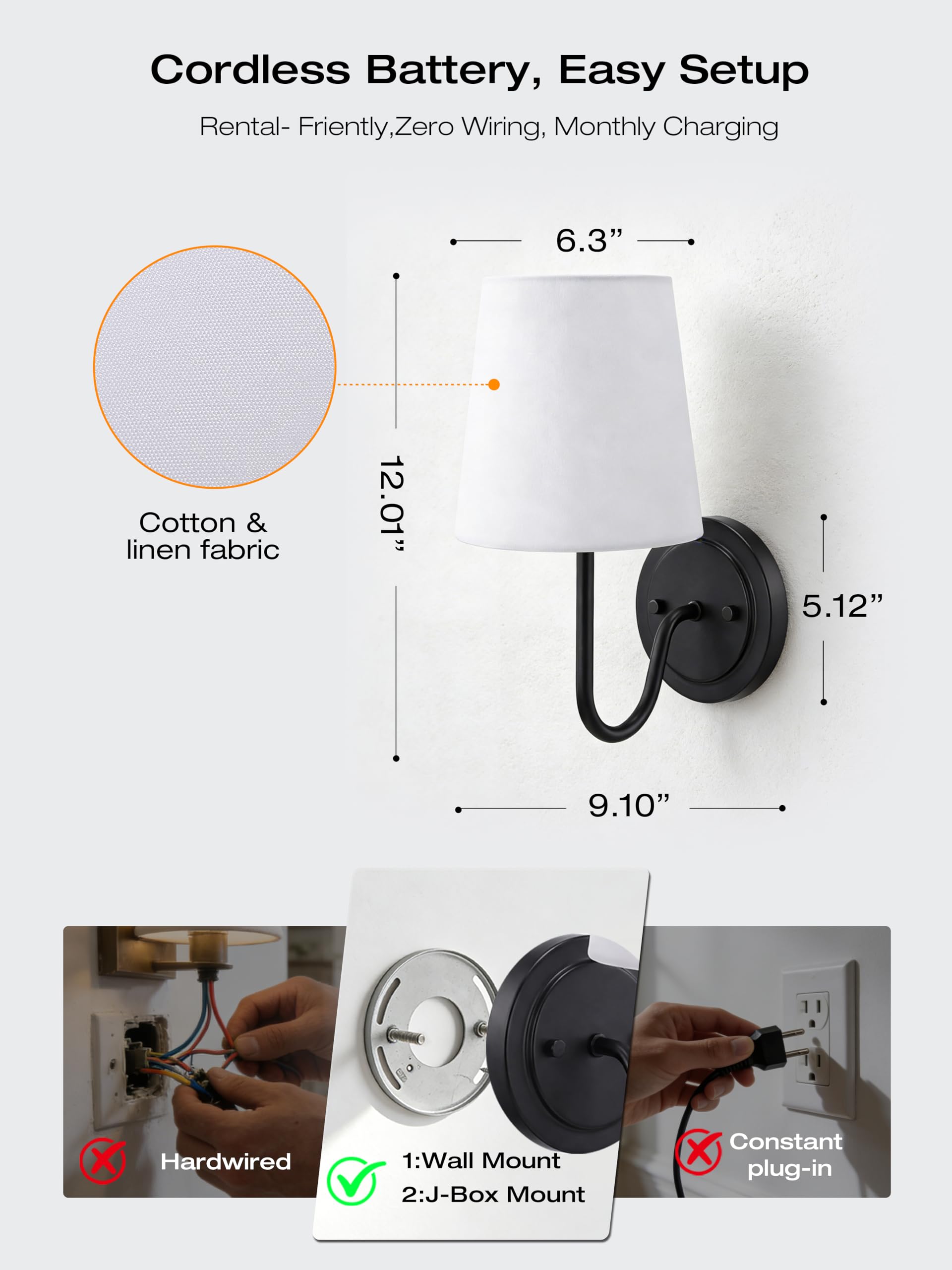 Bedside sconce glowing RGB color through the linen shade, remote on the nightstand