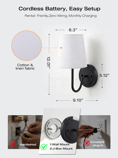 Bedside sconce glowing RGB color through the linen shade, remote on the nightstand