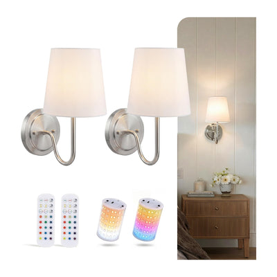 Cloudy Bay battery operated wall sconces with linen shades and magnetic RGB bulbs, brushed nickel finish, set of 2