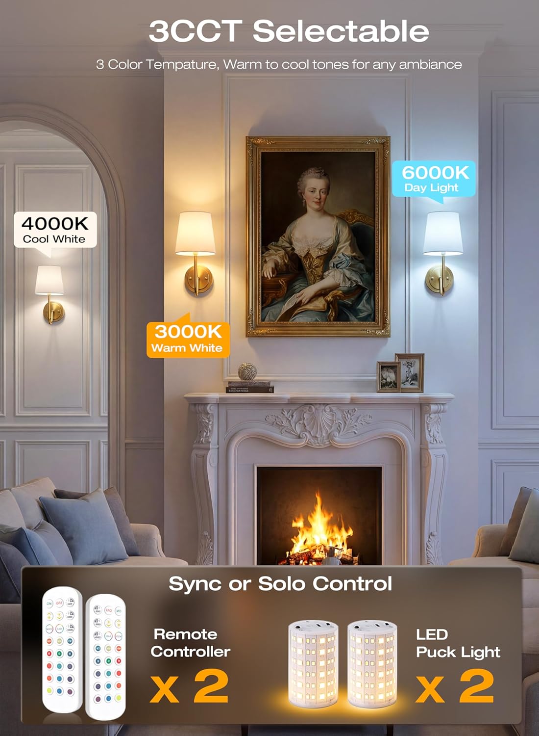 Wall sconce color temperature options 3000K warm, 4000K cool and 6000K daylight, with remotes and bulbs included