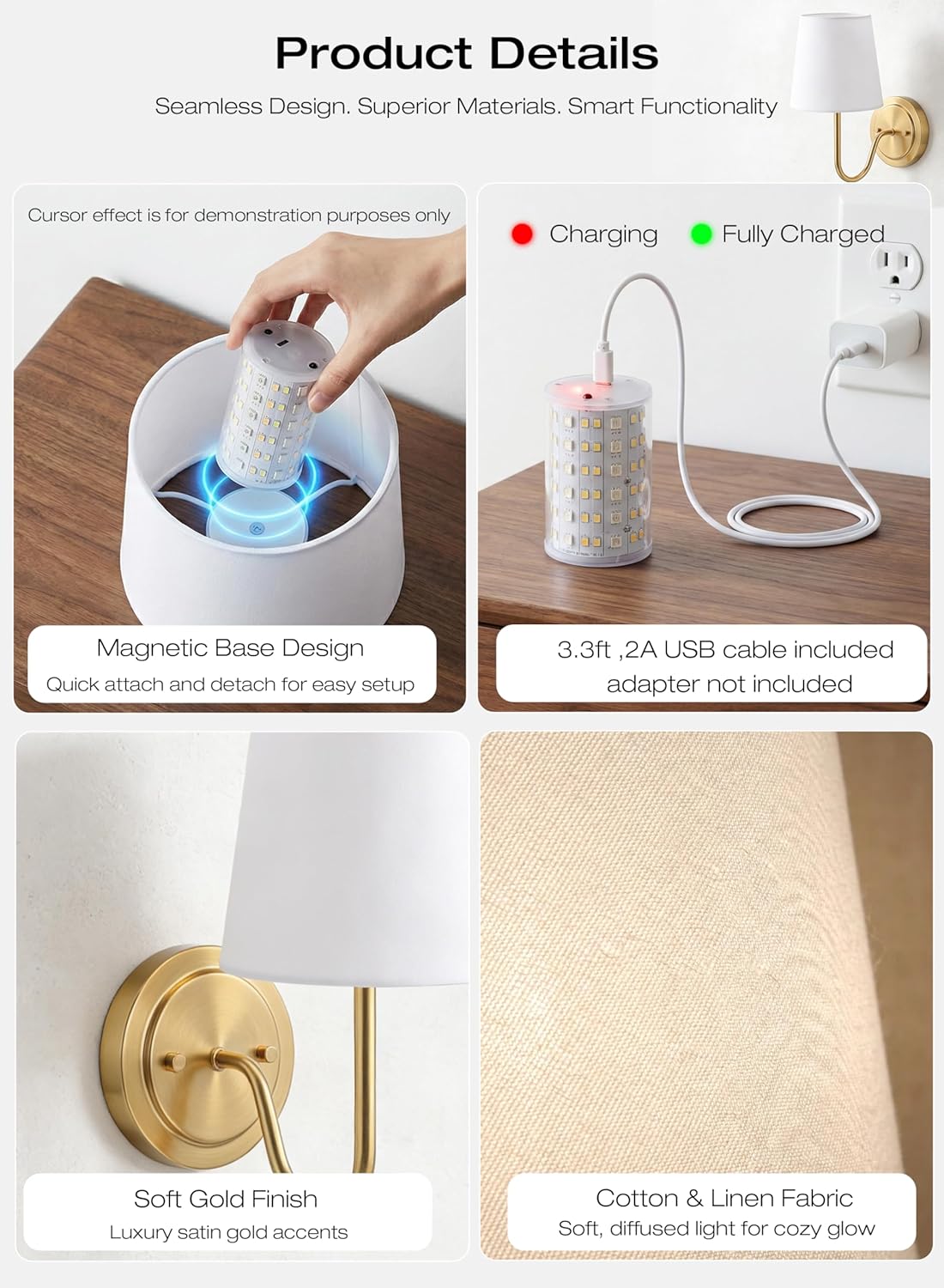 Wall sconce product details showing curved metal arm, round backplate, linen shade and magnetic bulb
