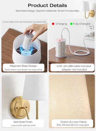 Wall sconce product details showing curved metal arm, round backplate, linen shade and magnetic bulb