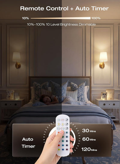 Remote control adjusts brightness and color of bedside wall sconces from bed
