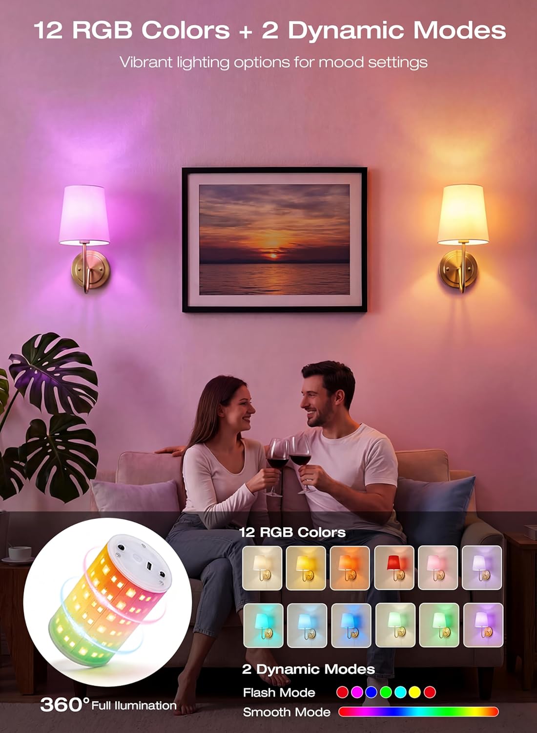 10000mAh Battery Operated Wall Sconces,Up to 100 Hours with Rechargeable RGB Dimmable Magnetic Bulb,Cordless Wall Lighting Fixtures with Remote for Bedroom,Brushed Nickel,2 Pack-15.4in