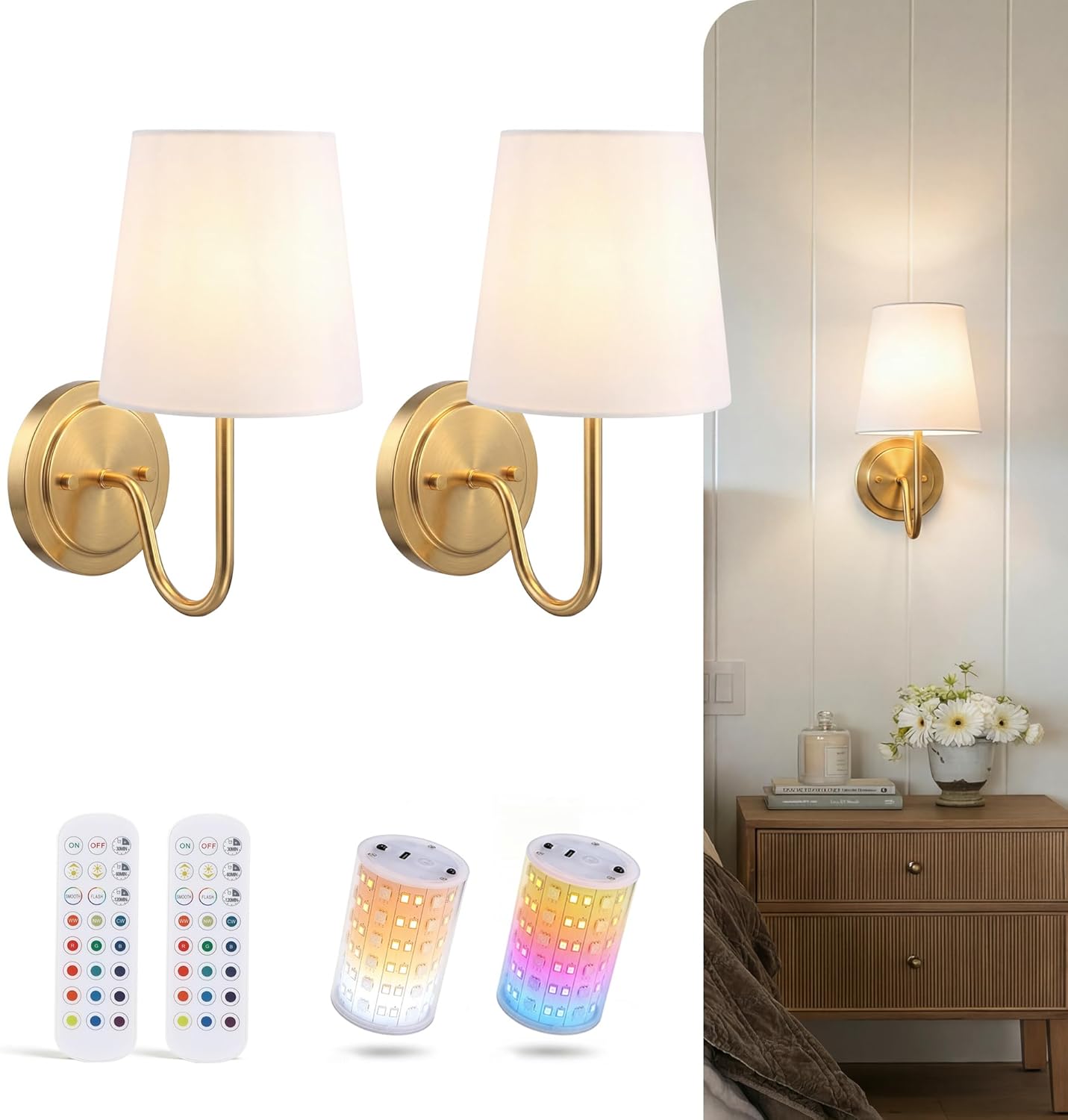 10000mAh Battery Operated Wall Sconces,Up to 100 Hours with Rechargeable RGB Dimmable Magnetic Bulb,Cordless Wall Lighting Fixtures with Remote for Bedroom,Brushed Nickel,2 Pack-15.4in