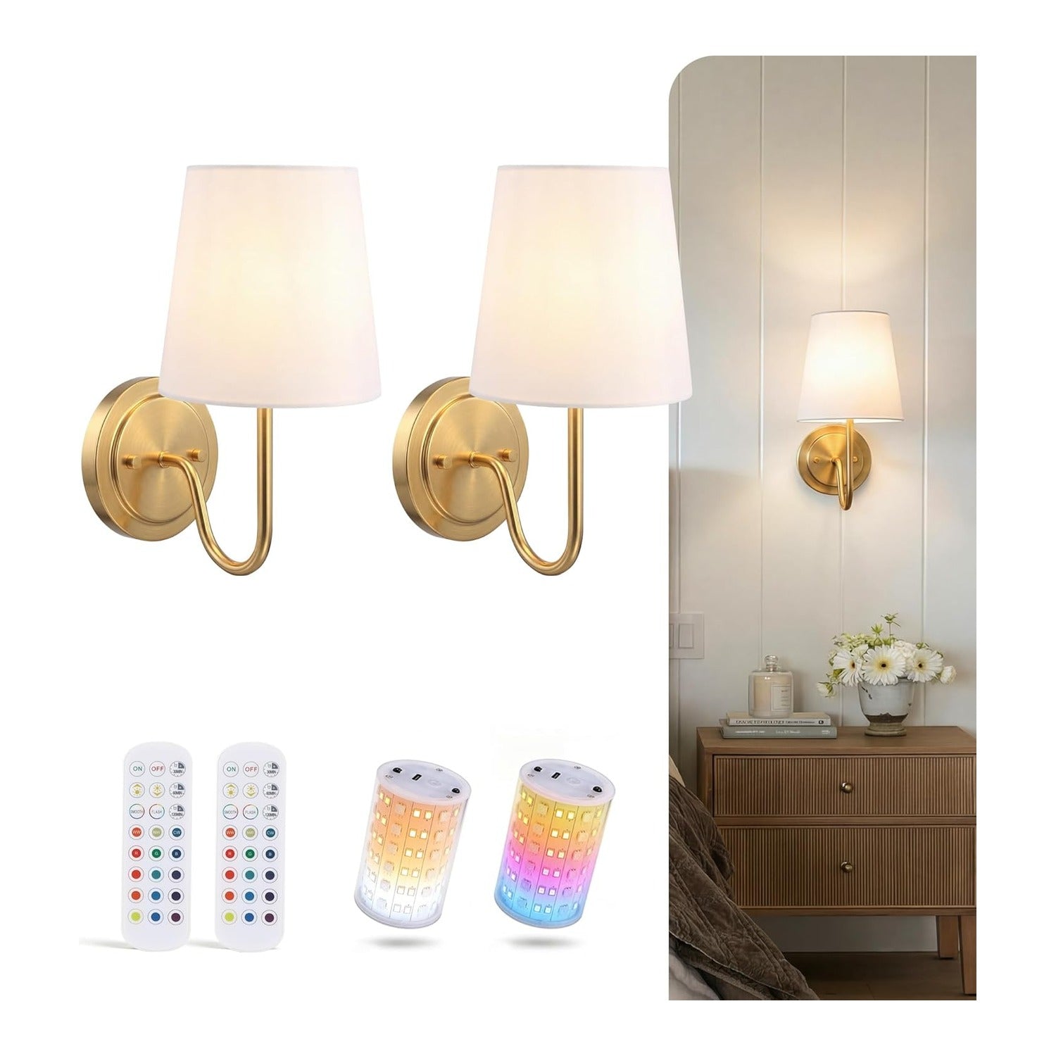 Cloudy Bay battery operated wall sconces with linen shades and magnetic RGB bulbs, soft gold finish, set of 2