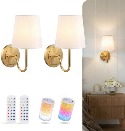 10000mAh Battery Operated Wall Sconces,Up to 100 Hours with Rechargeable RGB Dimmable Magnetic Bulb,Cordless Wall Lighting Fixtures with Remote for Bedroom,Brushed Nickel,2 Pack-15.4in