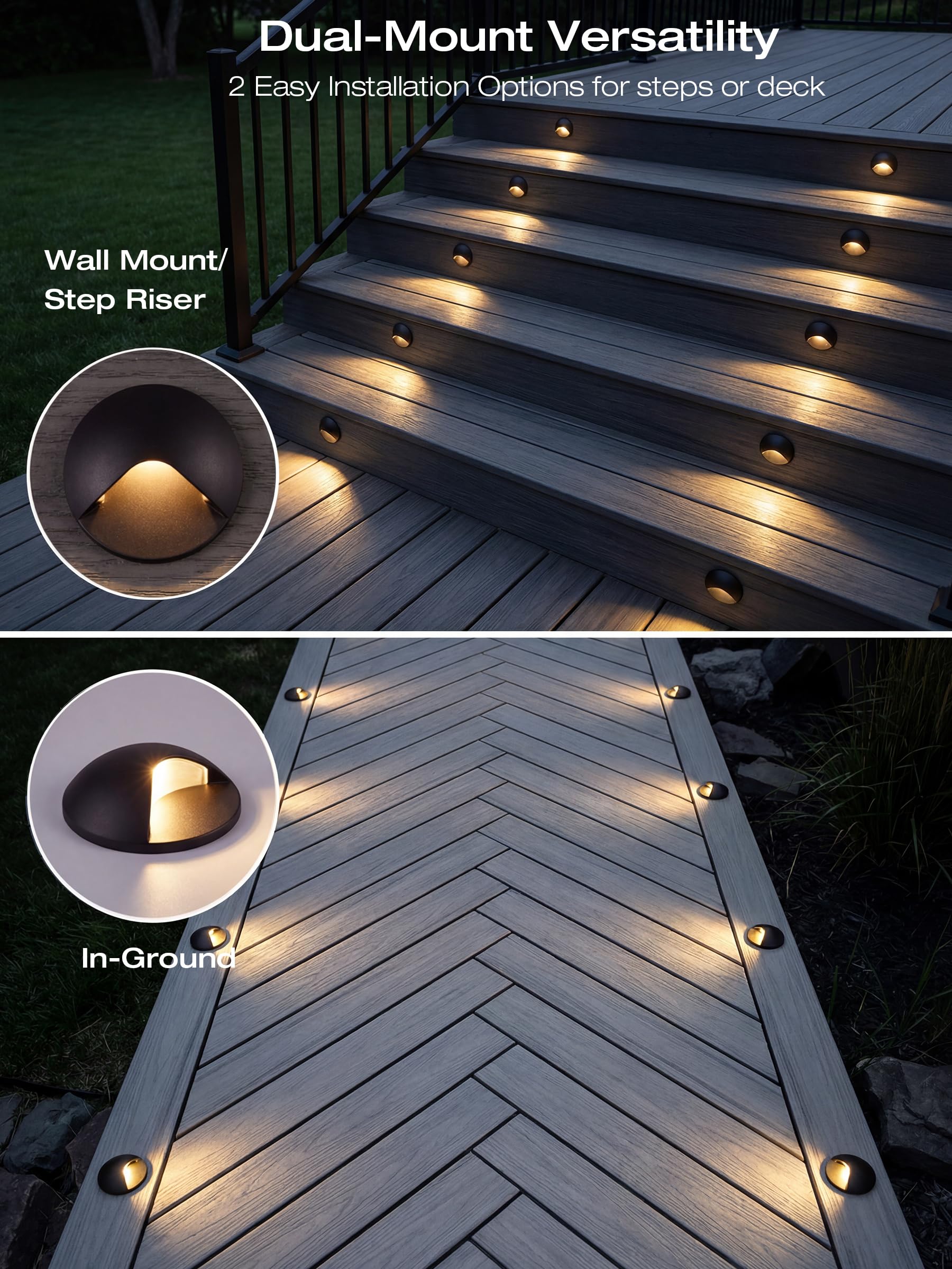 Black LED step lights on wooden stairs and in-ground walkway at night, showing wall-mount and in-ground install options