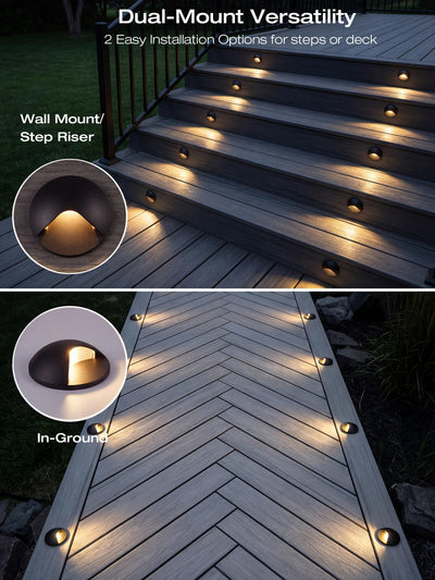 Black LED step lights on wooden stairs and in-ground walkway at night, showing wall-mount and in-ground install options
