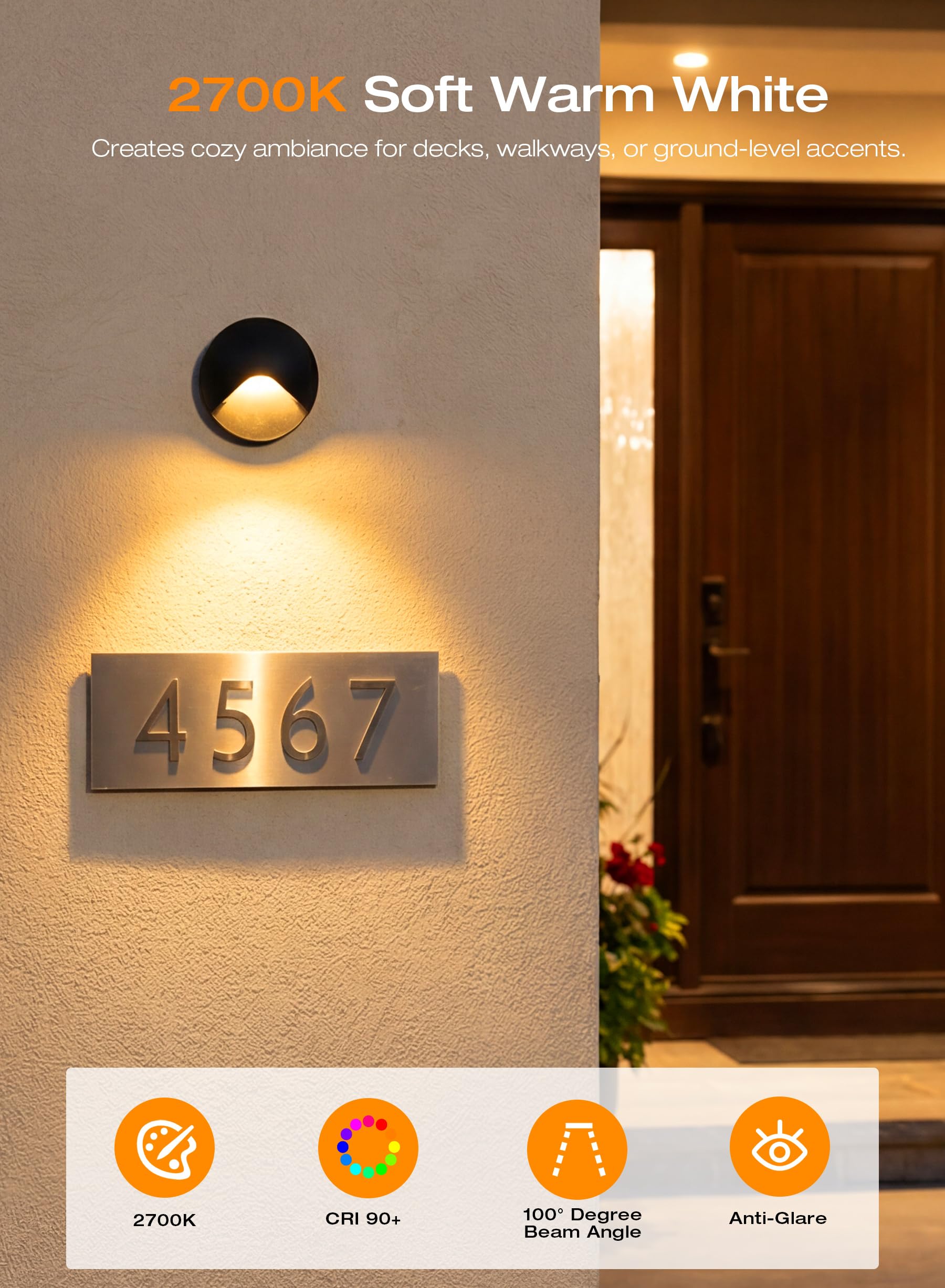 2700K warm white step light softly illuminating a house number on exterior wall siding, anti-glare, CRI 90+, 100° beam