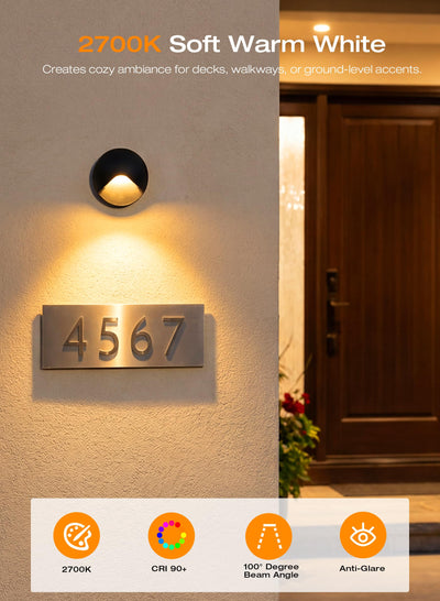 2700K warm white step light softly illuminating a house number on exterior wall siding, anti-glare, CRI 90+, 100° beam