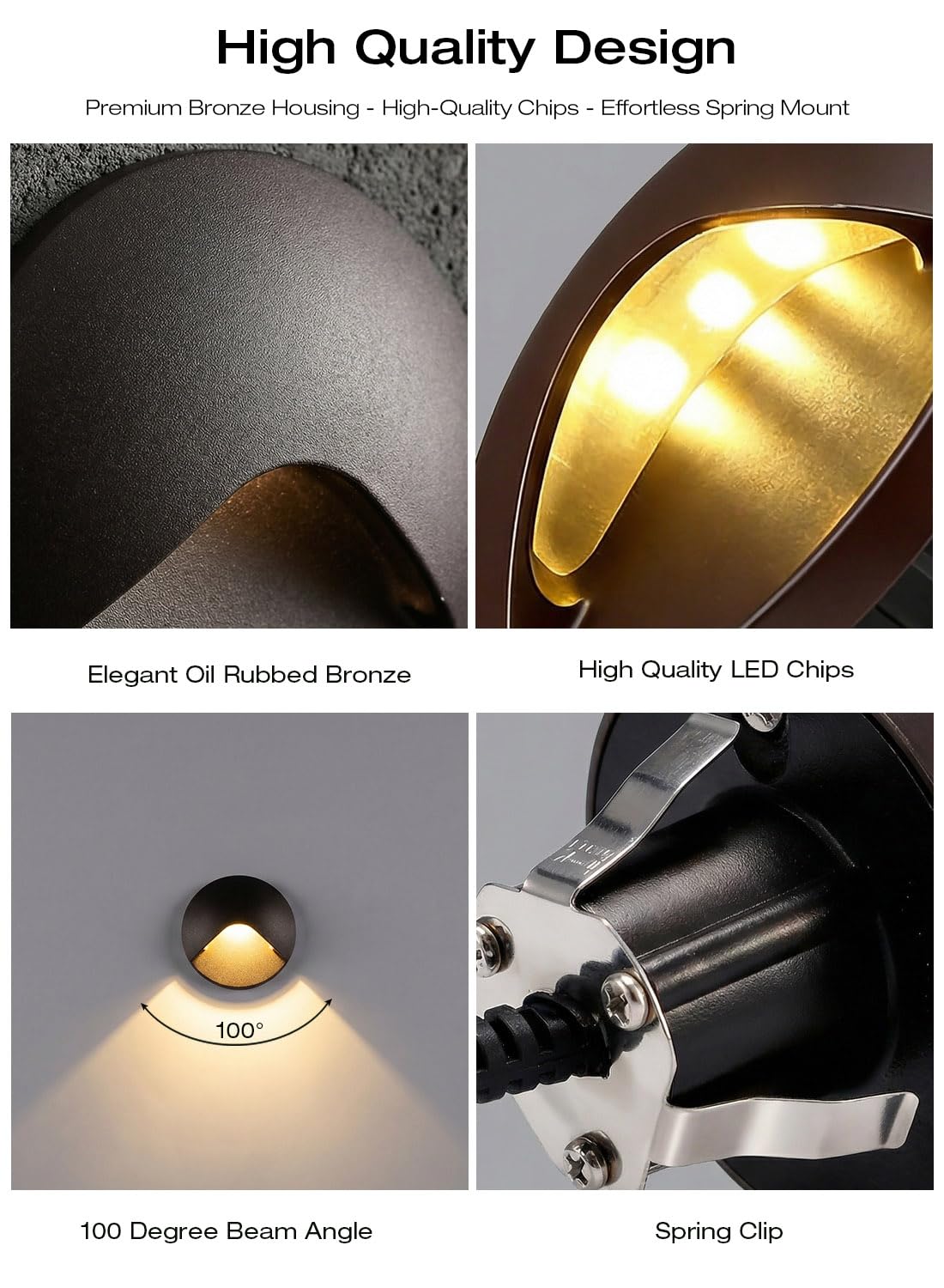 Detail panels of the oil rubbed bronze deck light: aluminum housing, LED chips, 100° beam angle and spring clip mount