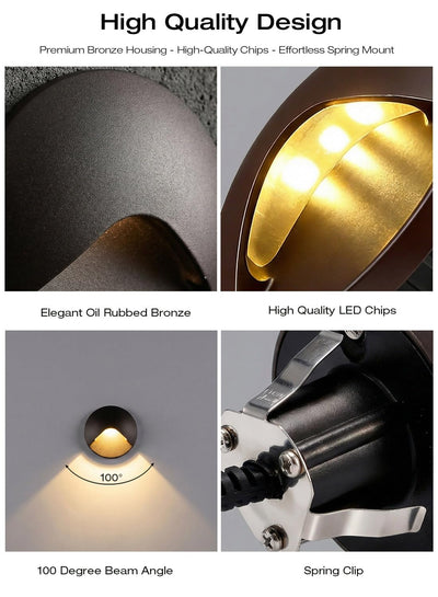 Detail panels of the oil rubbed bronze deck light: aluminum housing, LED chips, 100° beam angle and spring clip mount