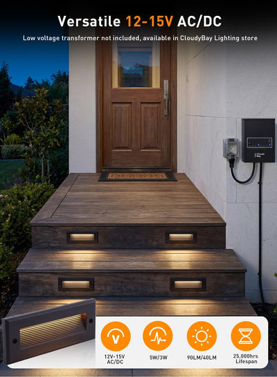 6-Pack 5CCT Low Voltage LED Landscape Stair Lights, Dual Brightness Outdoor Step Lights for Deck Patio Garden Pathway, 2700K/3000K/4000K/5000K/6500K Selectable, 12V-24V AC/DC Hardscape Lighting