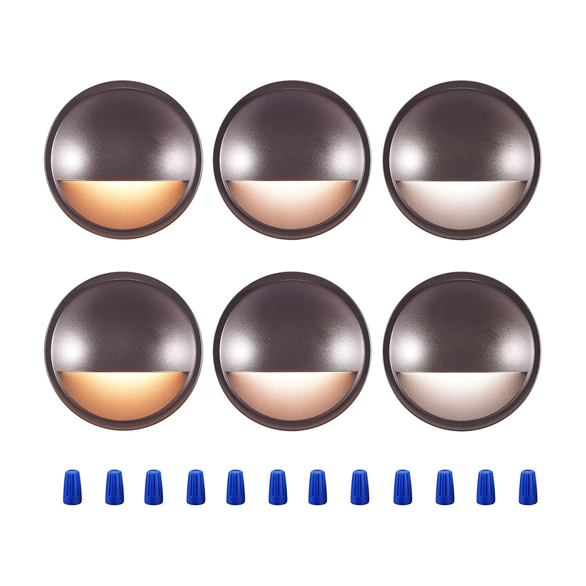 Six round oil-rubbed bronze 3CCT deck lights with half-moon shields in a grid on white background