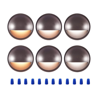 Six round oil-rubbed bronze 3CCT deck lights with half-moon shields in a grid on white background