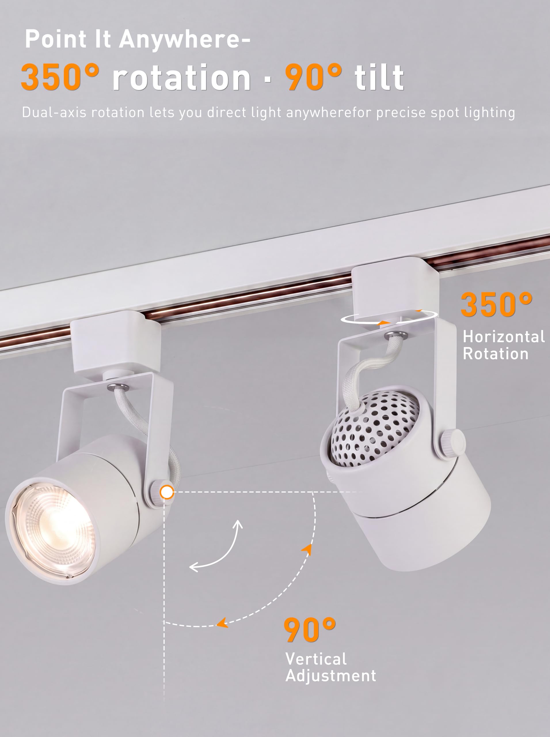 Feature callout: GU10 socket, 350-degree rotation and 90-degree tilt shown with zoomed details