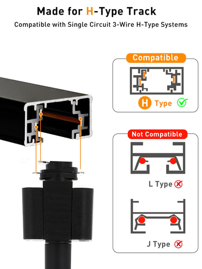4 matte black track heads on an H-type rail over a dining table, warm task light