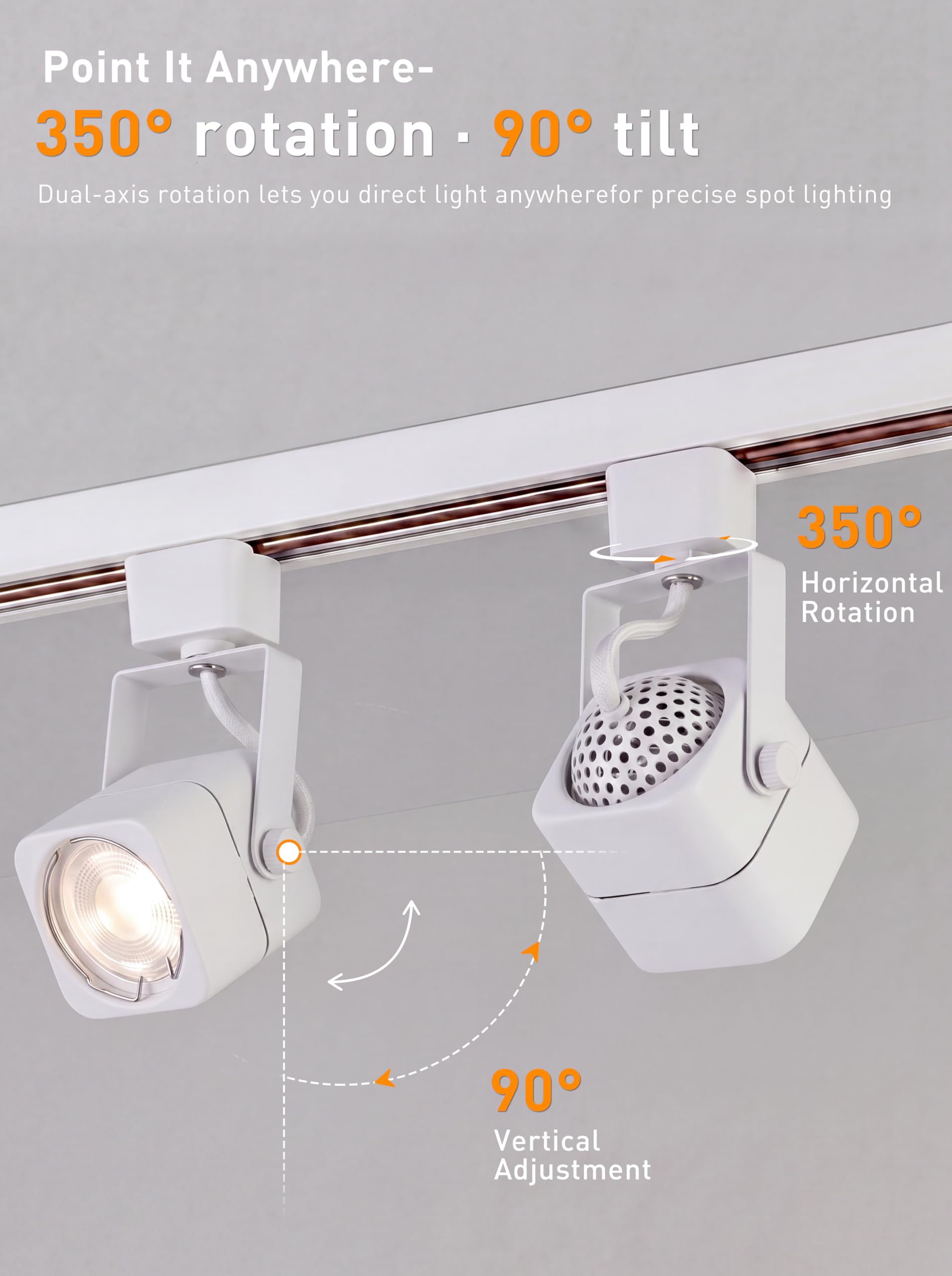 Feature callout: GU10 socket, 350-degree rotation and 90-degree tilt shown with zoomed details