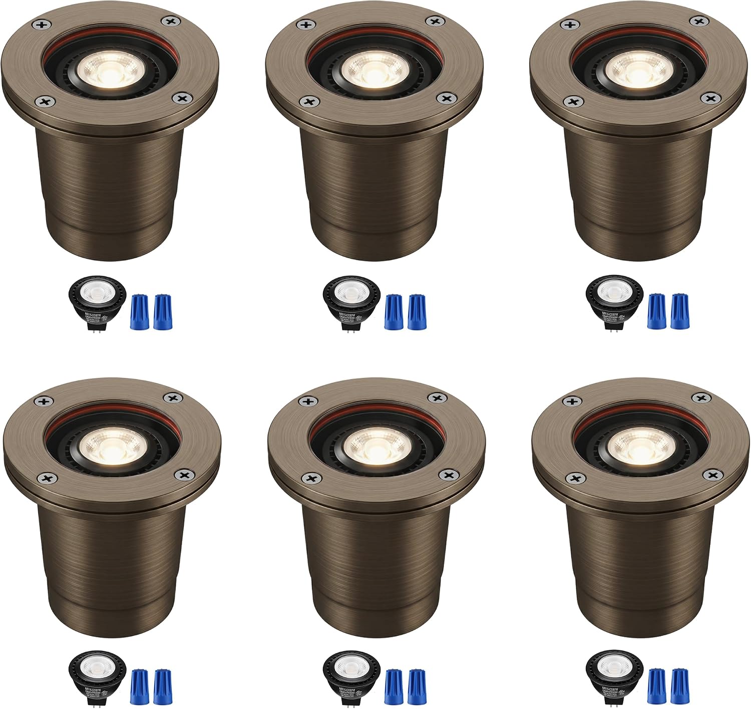 6PK-Landscape Well Lights,Brass Outdoor Low Voltage In Ground Light for Deck Pathway with Replaceable 7W MR16 LED Bulbs,Flat Top