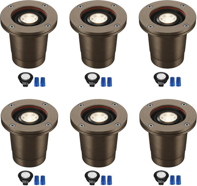 6PK-Landscape Well Lights,Brass Outdoor Low Voltage In Ground Light for Deck Pathway with Replaceable 7W MR16 LED Bulbs,Flat Top