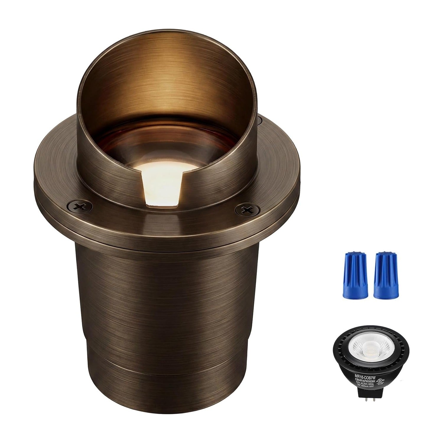 Single antique brass shielded-top well light with MR16 LED bulb and blue wire nuts on a white background.