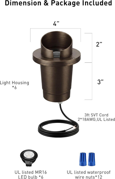 6PK, Landscape Low Voltage In Ground Light with Replaceable 7W MR16 LED Bulbs,Shielded Top