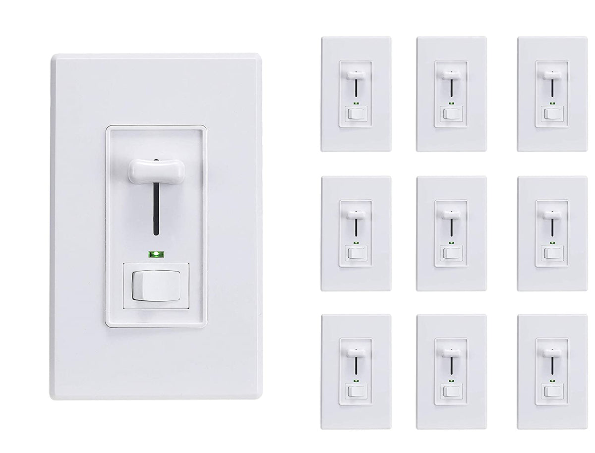 Cloudy Bay 10-pack white slide dimmer switches with green indicator lights, 2x5 layout