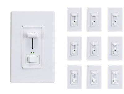 Cloudy Bay 10-pack white slide dimmer switches with green indicator lights, 2x5 layout