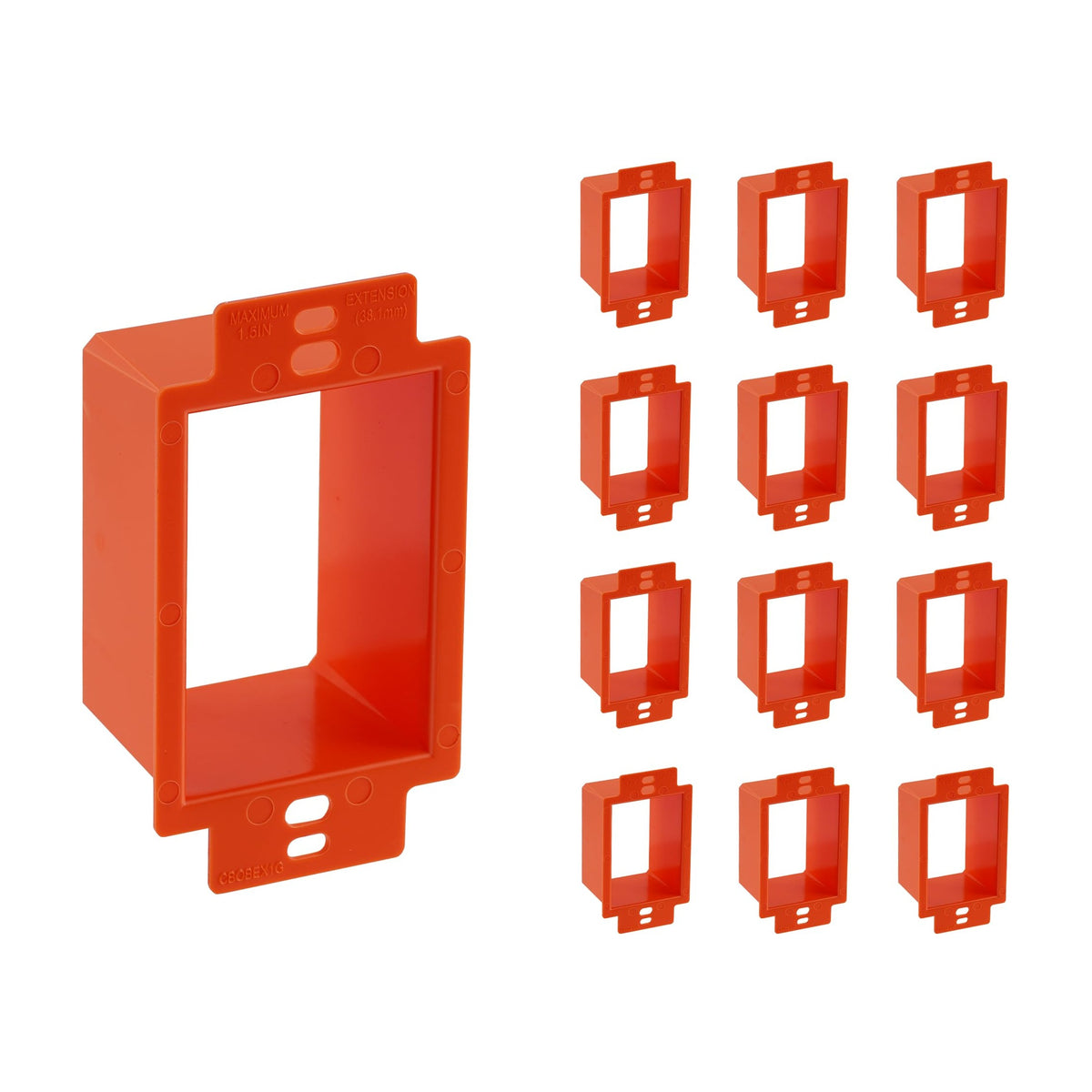 Cloudy Bay Twelve orange plastic single-gang outlet box extension rings displayed on a wooden board, 12 pack