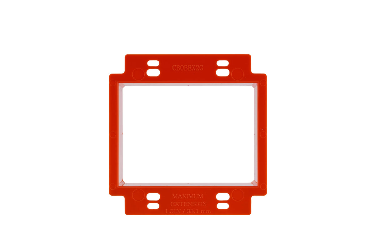 Diagram of orange 2-gang electrical box extender with dimension markings