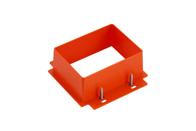 Wired outlet mounted on orange 2-gang extender filling gap for flush wall installation