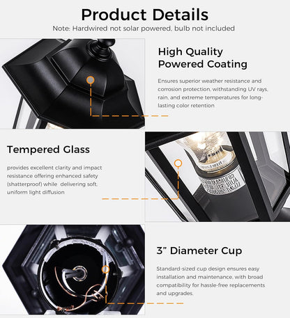 Outdoor Post Light, Pole Lantern, Hardwired, Pier Mount Pole Mount, 60W Max,Aluminum Housing Plus Glass,Black