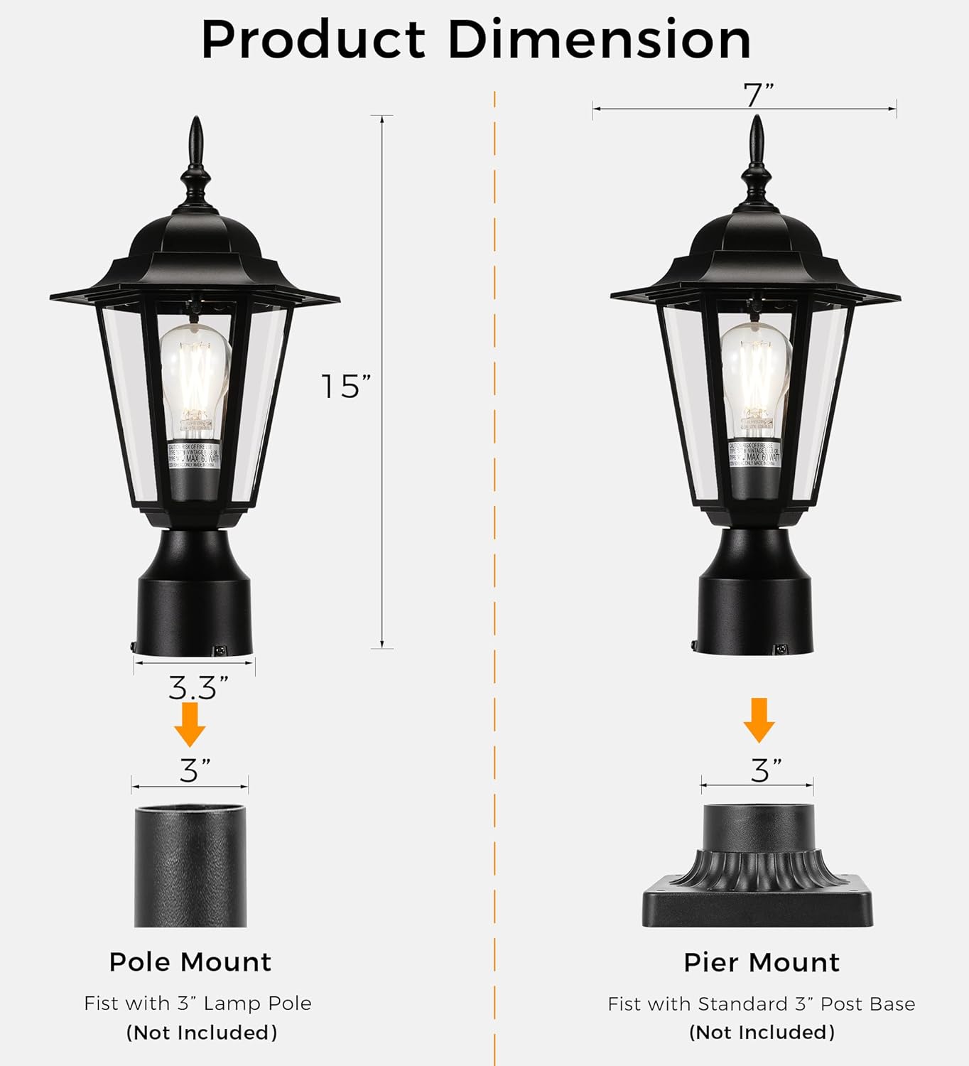 Outdoor Post Light, Pole Lantern, Hardwired, Pier Mount Pole Mount, 60W Max,Aluminum Housing Plus Glass,Black