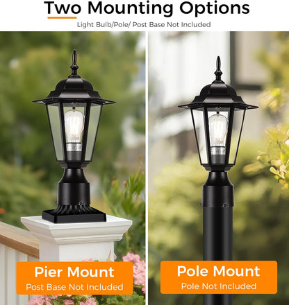 Outdoor Post Light, Pole Lantern, Hardwired, Pier Mount Pole Mount, 60W Max,Aluminum Housing Plus Glass,Black
