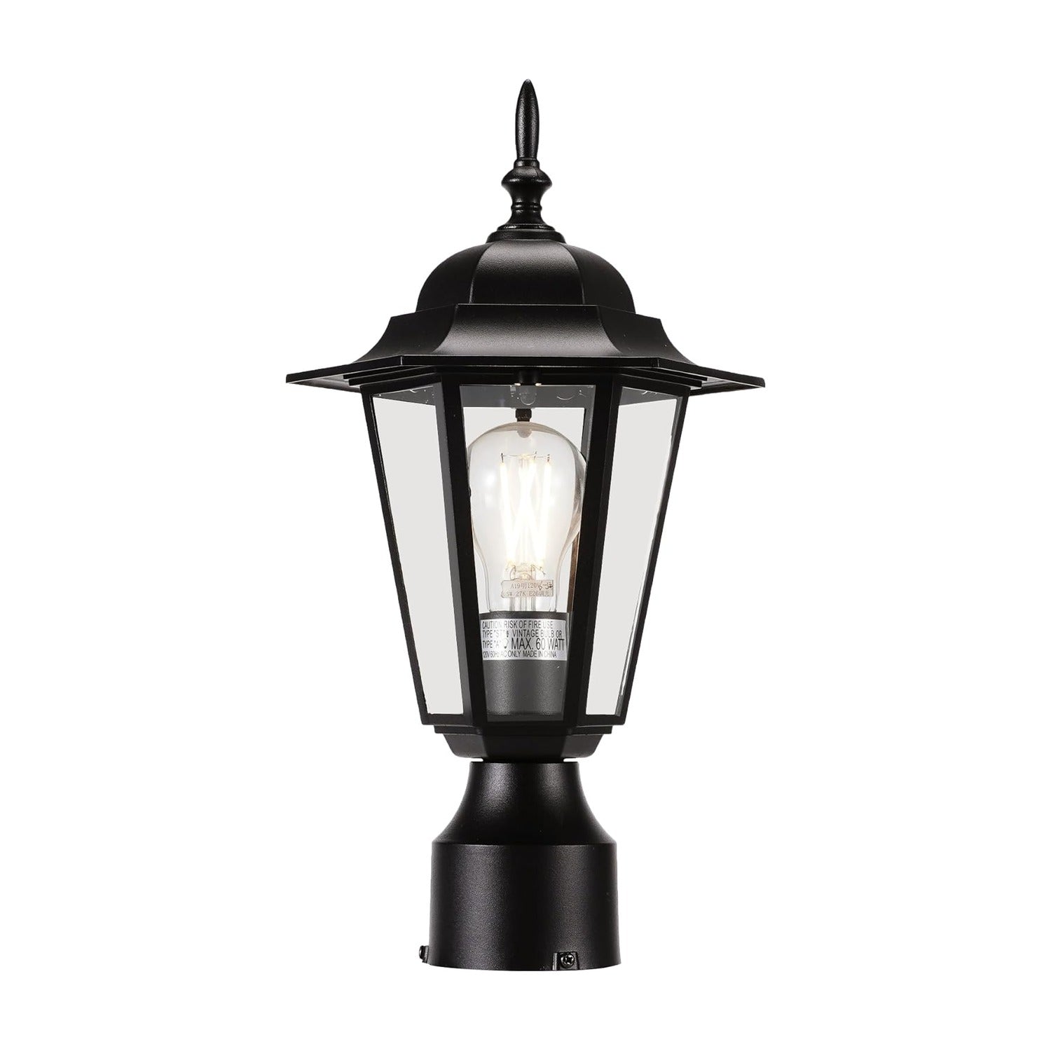 Cloudy Bay black outdoor post light lantern with clear glass panels, pier mount, E26 base