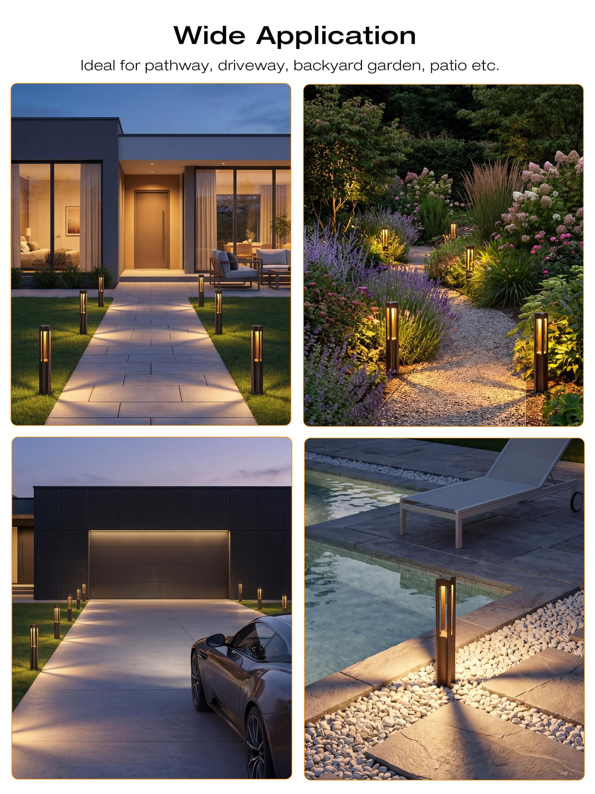Path lights lining a walkway or driveway, warm guidance at night
