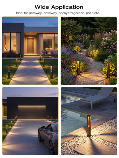Path lights lining a walkway or driveway, warm guidance at night