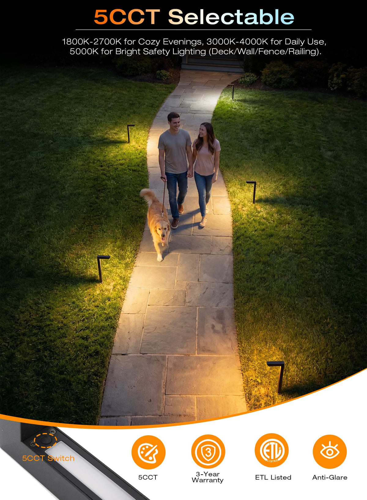 Bollard lights along concrete slabs and gravel, warm glow, modern house exterior