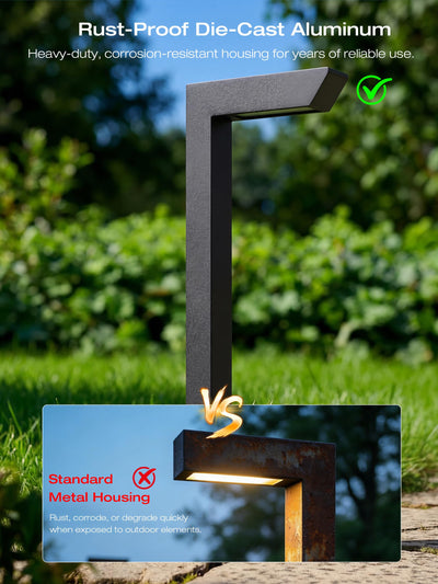 A row of bollard lights receding along a lawn path toward the house