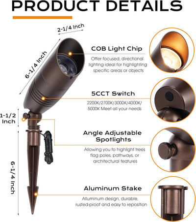 Low Voltage LED Landscape Spotlights with Spike Stand, 12V 9W, 5CCT, Bronze, 4 PCs