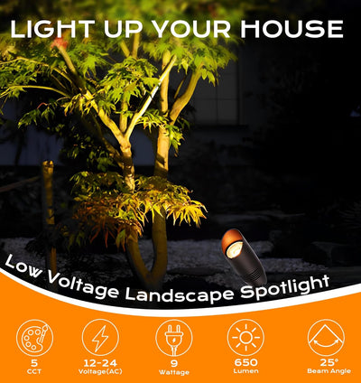 Low Voltage LED Landscape Spotlights with Spike Stand, 12V 9W, 5CCT, Bronze, 4 PCs