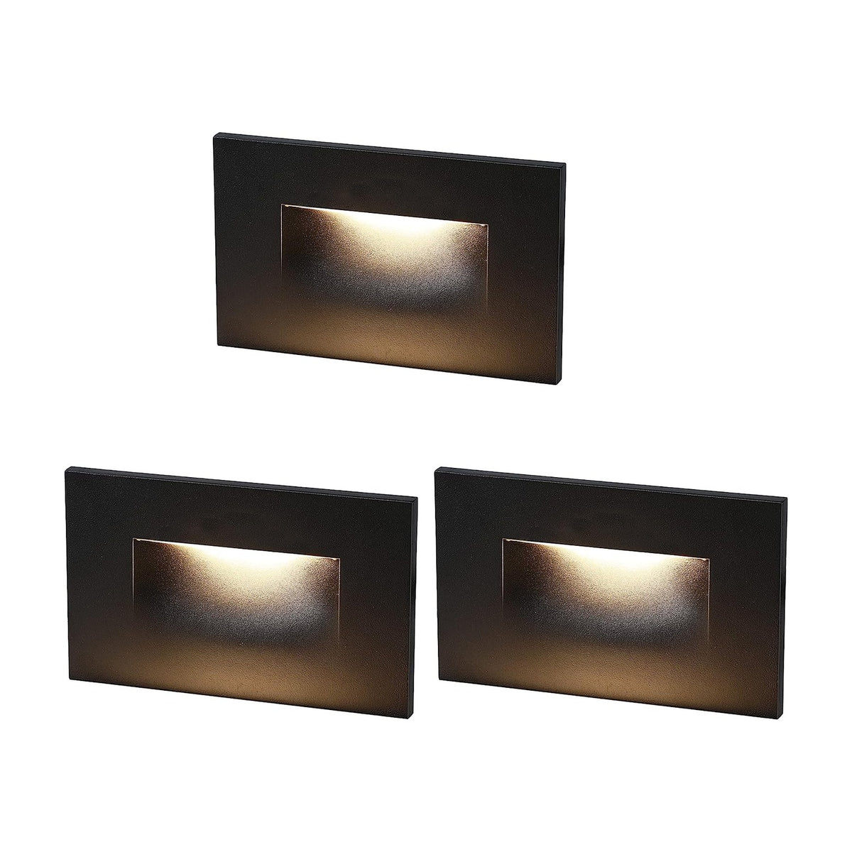 Cloudy Bay Three black rectangular LED step lights on white background