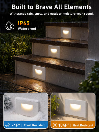 White step lights by garden stone steps, neutral glow on treads