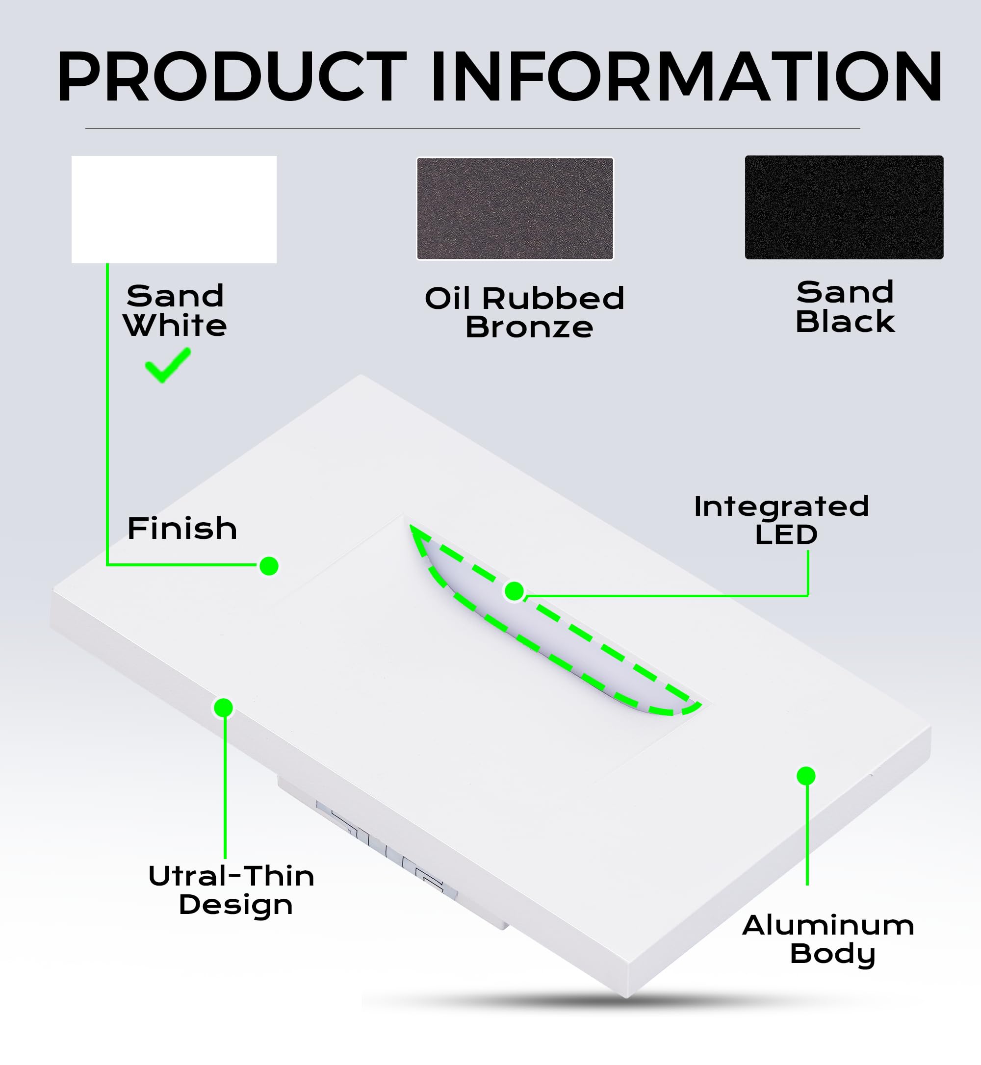 Product diagram of the sand white LED step light with ultra-thin aluminum body and three finish color options